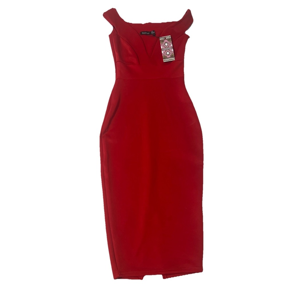 NWT Boohoo Petite Women's Size 0 Sleeveless Off The Shoulder Red Dress